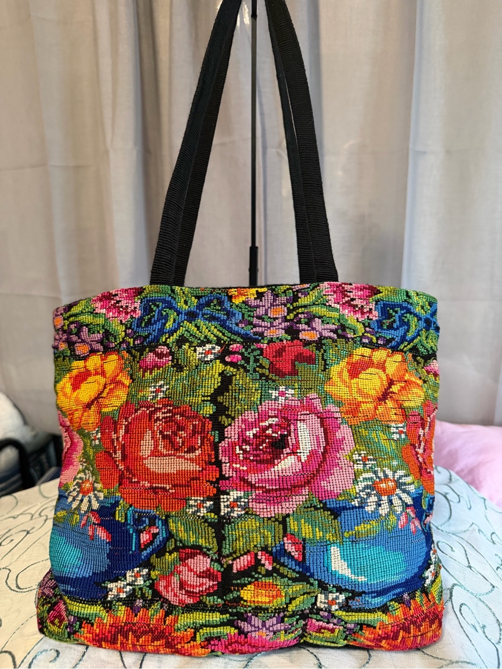 Colorful Floral Embroidered Tote Bag - Multicolor